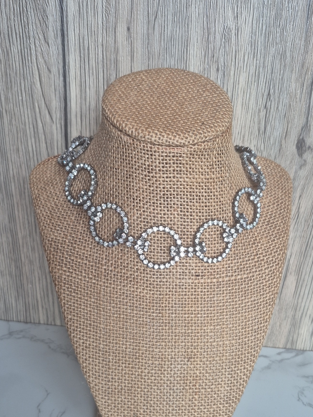 Vintage 1950s Rhinestone Circle Link Choker Necklace,Mid-century Statement